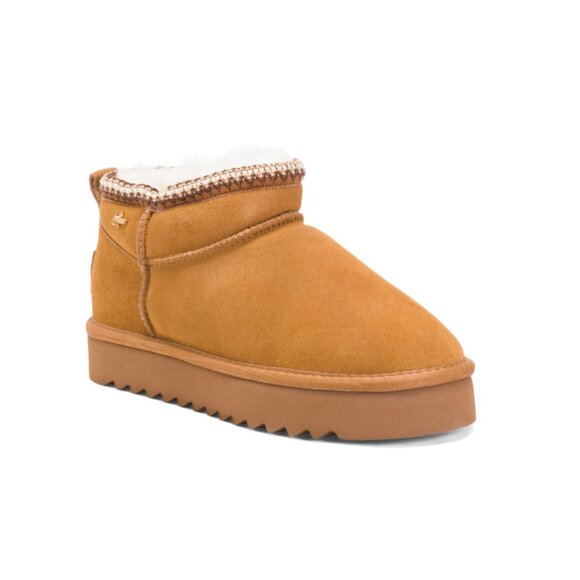MEXX Cognac Suede Shearling Lined Booties With Contrast Binding